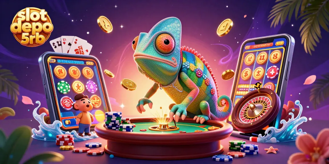 Engage with the vibrant world of slots at slot depo 5rb, featuring a colorful chameleon casino owner.