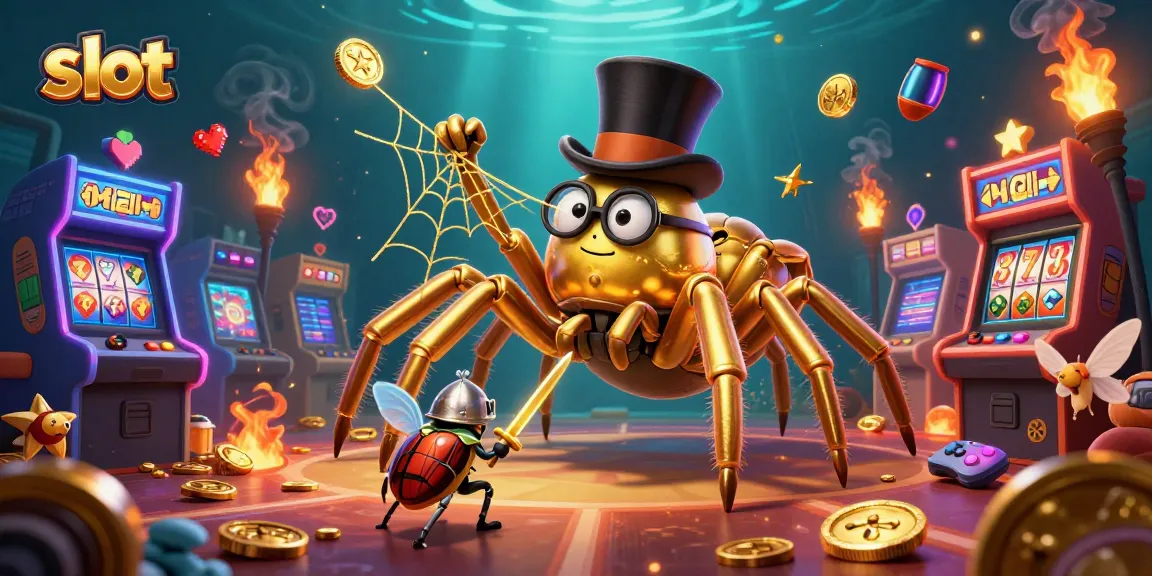 Experience exciting slot action with a golden tarantula and knight in this vibrant casino scene.