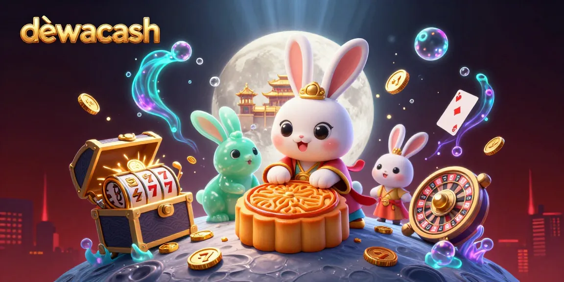 Dewacash brings excitement with golden mooncakes and casino elements in a vibrant 3D illustration.