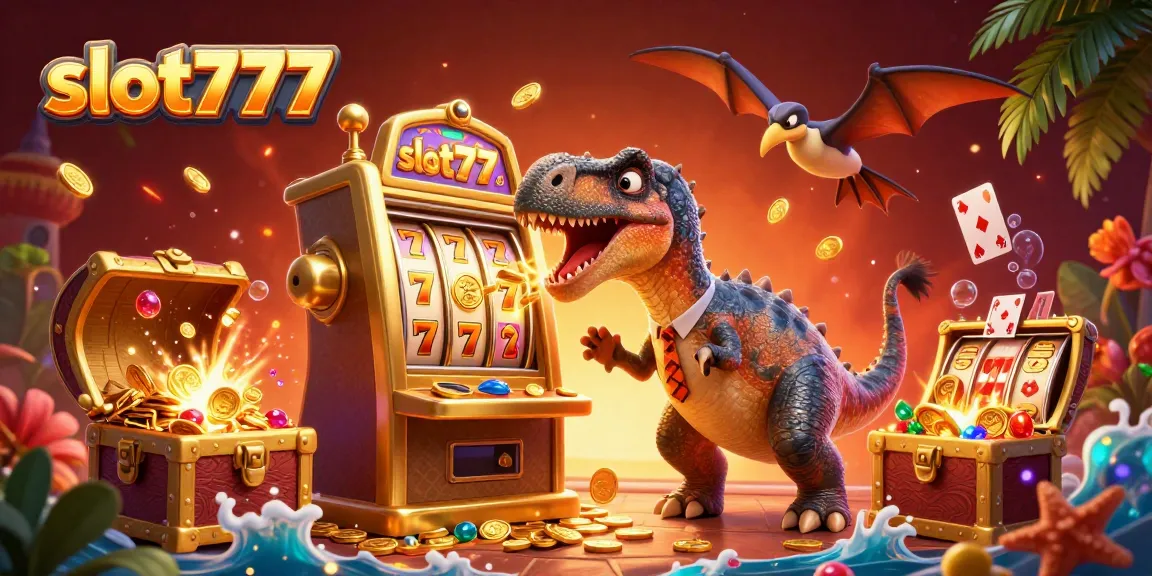 Spin to win with slot777 as a dinosaur celebrates jackpots from a golden slot machine.