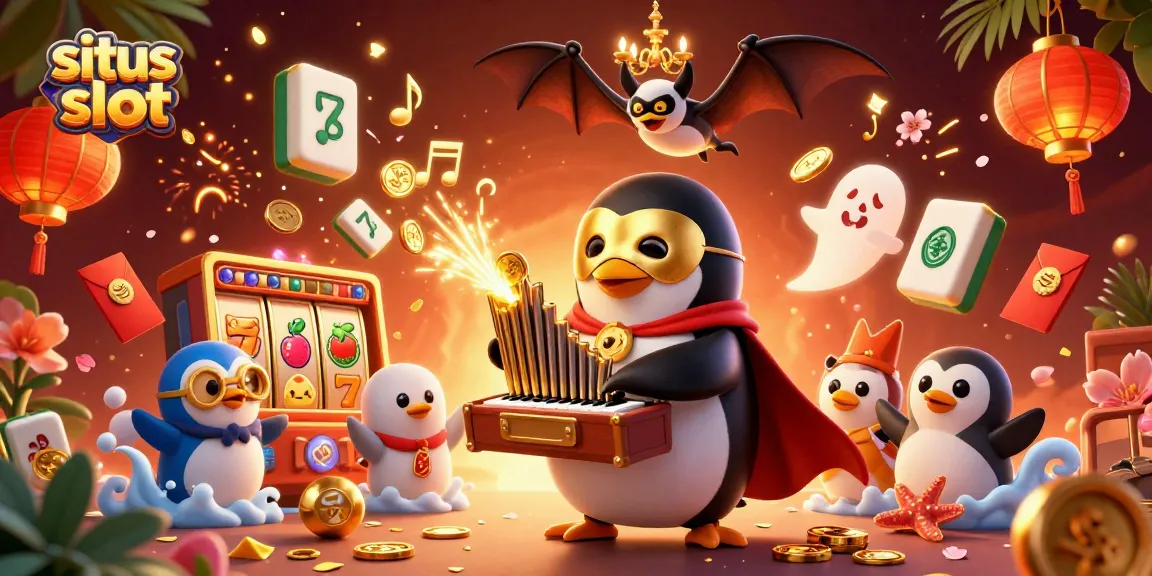 Engage with situs slot featuring a cartoon penguin organist launching golden coins amidst vibrant slot themes.
