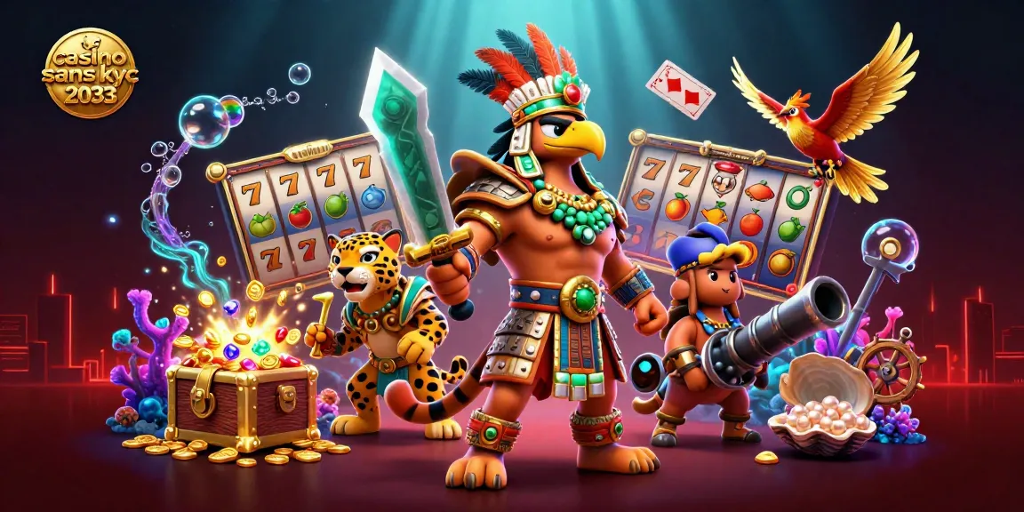 Le jeu au casino sans kyc 2033 dans une illustration 3D d’un guerrier aztèque et de machines à sous remplies de symboles chanceux.
