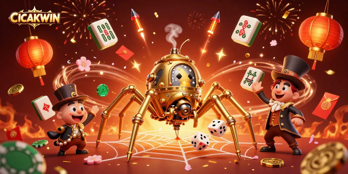 CICAKWIN features a 3D steampunk spider capturing unlucky dice in a vibrant casino scene, symbolizing luck and chance.