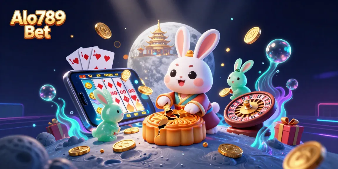 Engage with Alo789 Bet as the moon rabbit reveals poker chips, surrounded by vibrant casino elements.