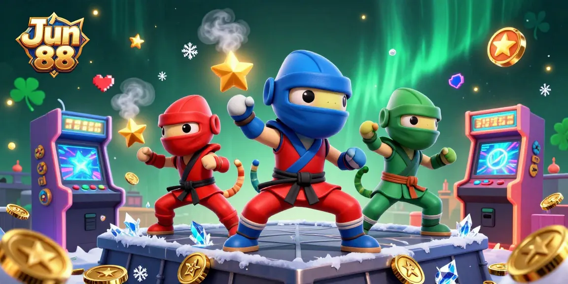 Engage in thrilling gameplay at Jun 88 with our vibrant casino-themed illustration featuring chameleon ninjas amidst gaming excitement.