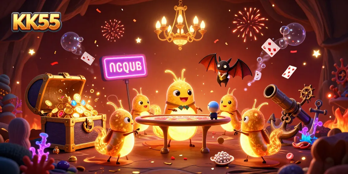 Experience KK55 with vibrant glowworms lighting up a dynamic casino scene amidst treasures.