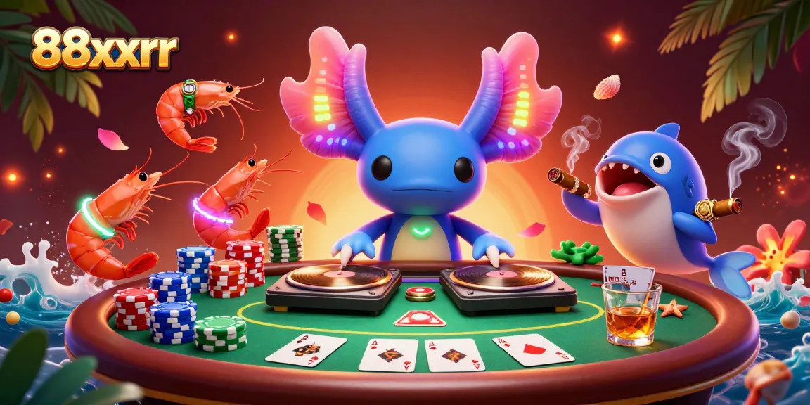 Engage with the vibrant scene of 88xxrr where neon creatures celebrate gambling energy around a bustling poker table.