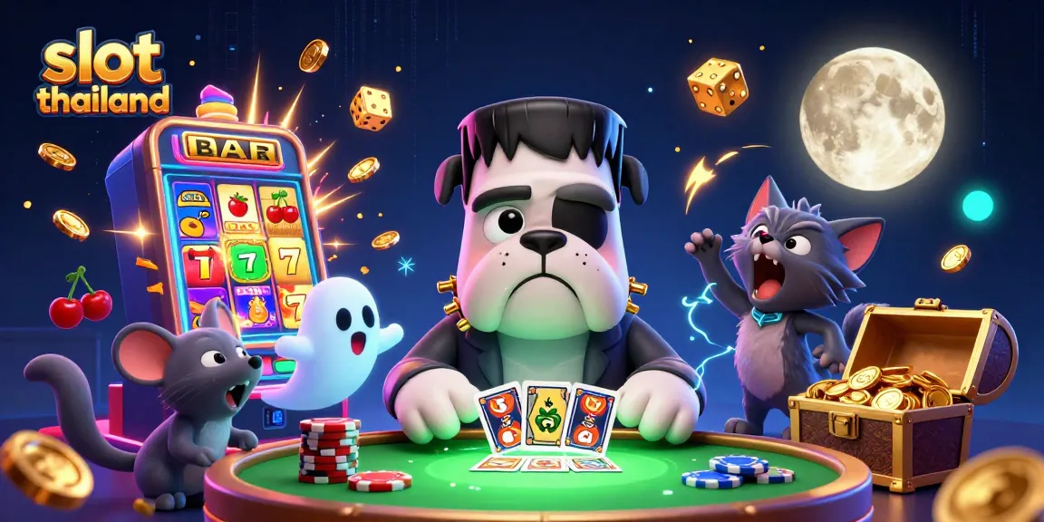 Engage in slot thailand excitement with a Frankenstein bulldog dealer and whimsical characters amidst casino elements.