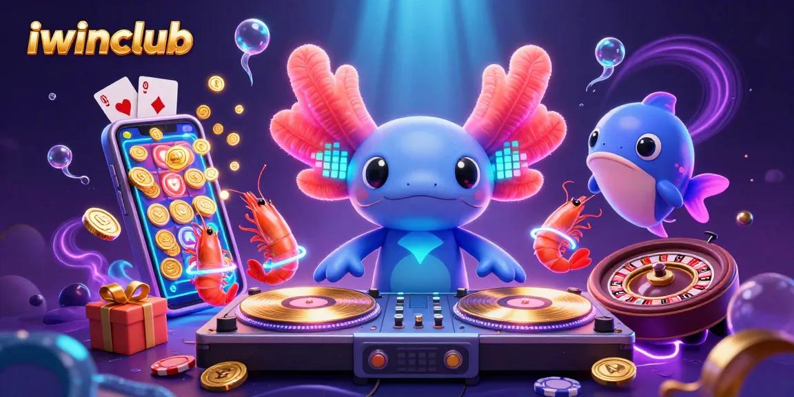 Engage with thrilling casino fun at iwinclub, featuring a dynamic 3D scene of games and characters.