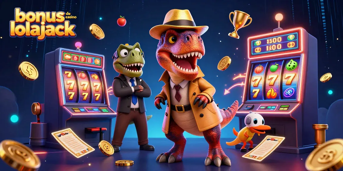 Profitez du bonus de casino Lolajack avec un velociraptor et un patron de casino dans une scène dynamique de machines à sous.