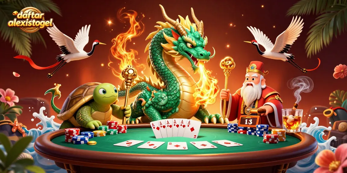 Experience the excitement with daftar alexistogel, showcasing a vibrant scene with a jade dragon and poker elements.