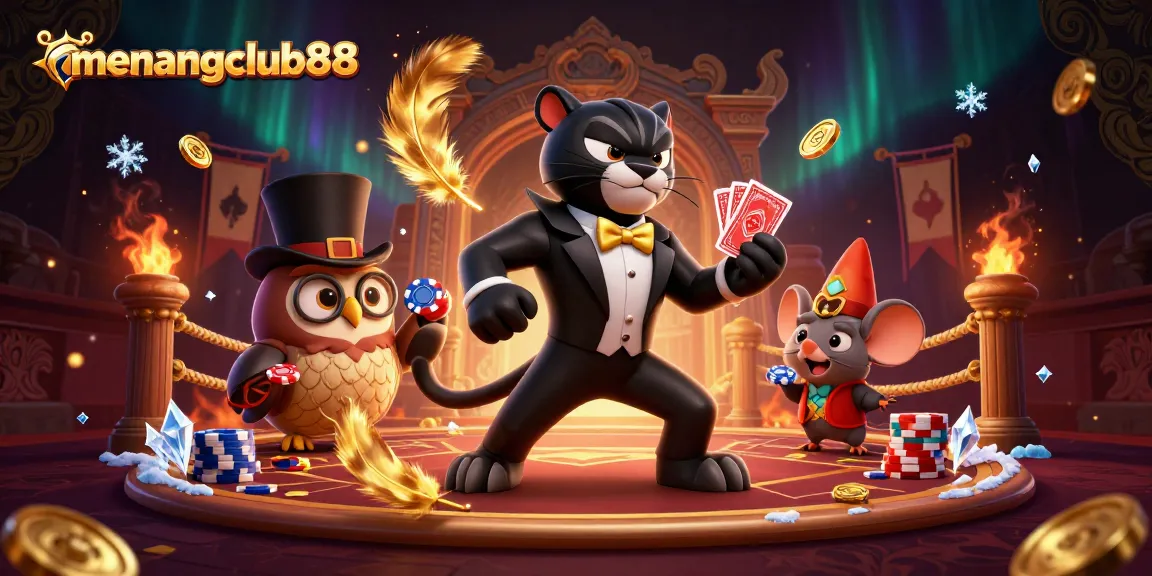 Engage with menangclub88 as the panther deals cards, surrounded by chips and vibrant casino elements.