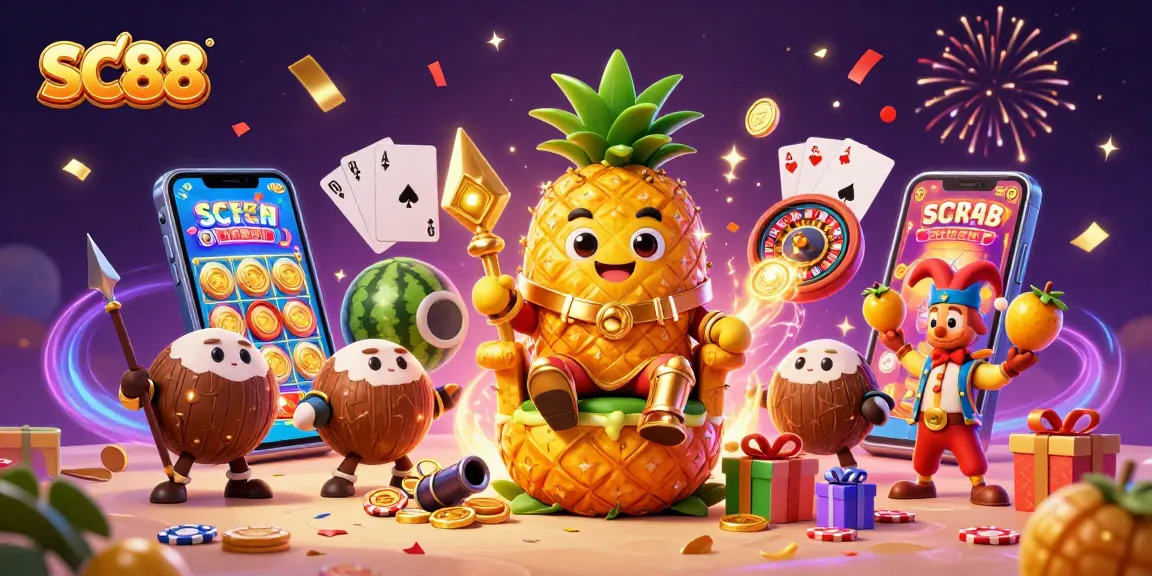 Experience SC88's dynamic casino adventure with the golden pineapple king and party elements!