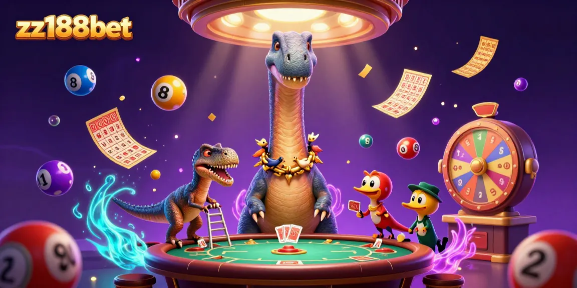 Engage with zz188bet's vibrant gambling scene featuring a playful brontosaurus and raptor dealer.