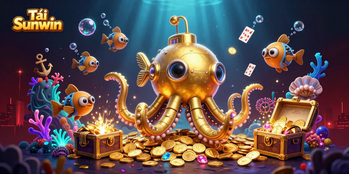 Tải Sunwin - Explore a vibrant underwater scene with a golden kraken submarine and mechanical fish celebrating wins in gambling.