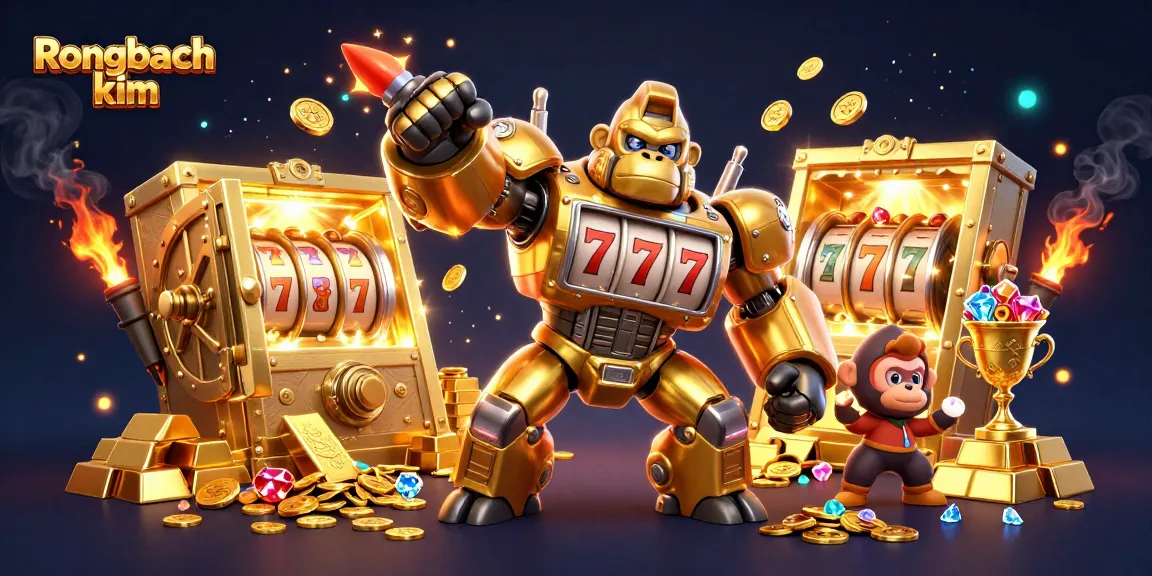 Experience the thrill of Rongbach kim as a golden gorilla mech bursts coins in a dazzling casino world.