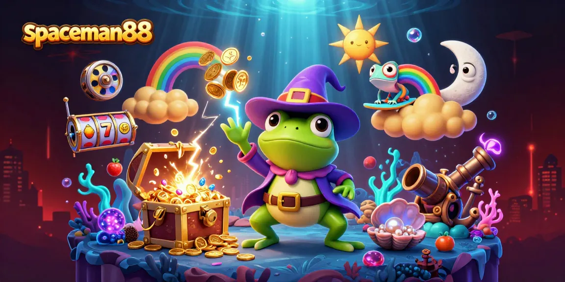 Engage with spaceman88 in this vibrant 3D scene, celebrating slots and casino winnings.