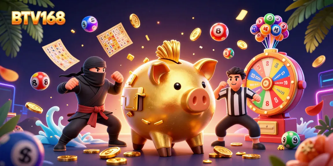 BTV168 brings excitement with a dynamic scene featuring colorful lottery elements and a lively cartoon atmosphere.