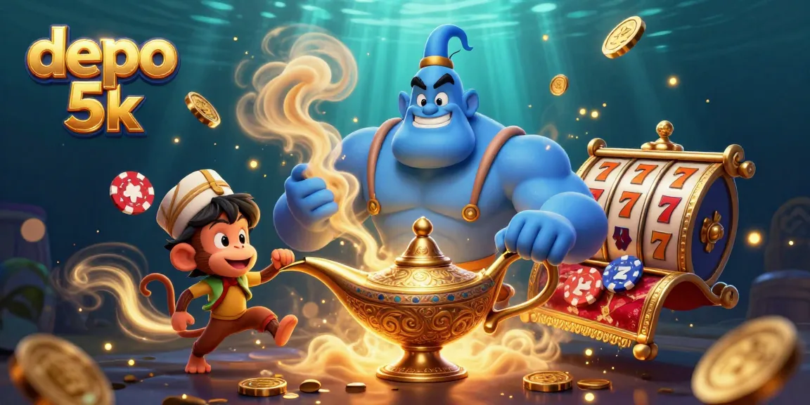 Experience the magic of depo 5k with a powerful genie, excited monkey, and vibrant casino elements.