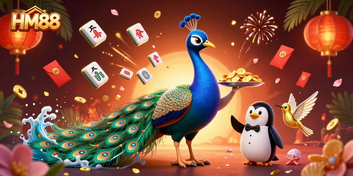 Experience the vibrant gaming action of HM88 with a lively peacock and golden chips in a casino-style illustration.