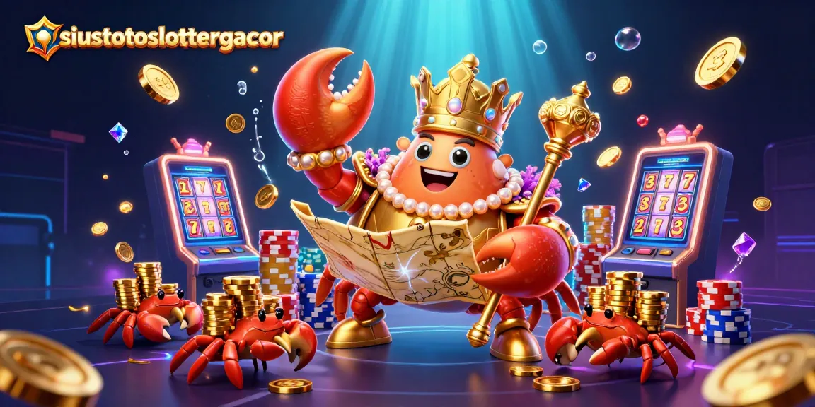 Engage with situstotoslottergacor displaying a golden crab emperor amidst a treasure-filled casino scene