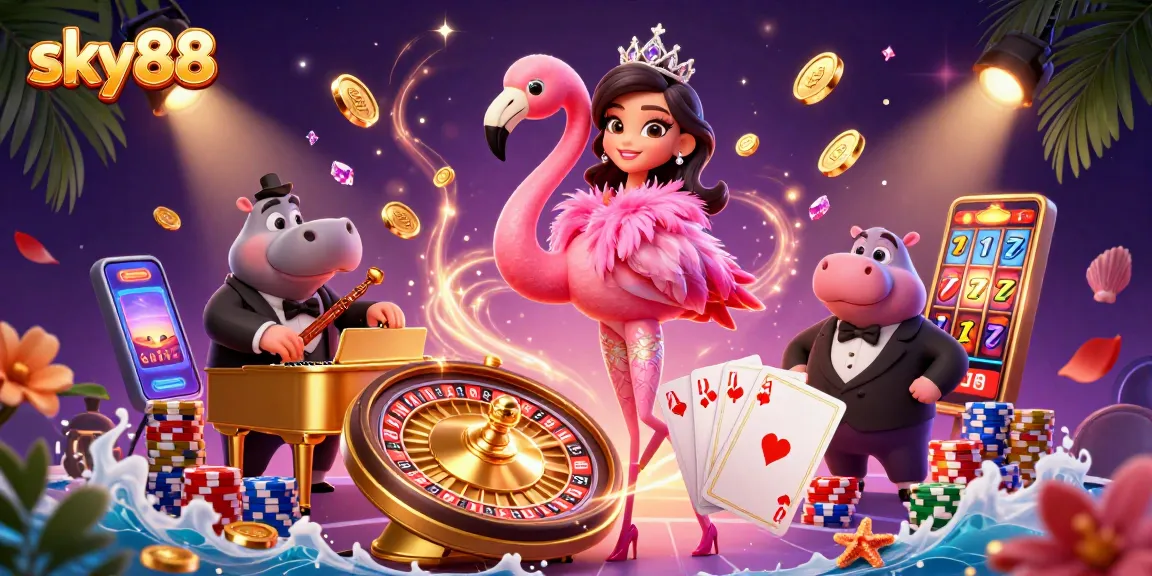 Experience thrilling wins at sky88 with vibrant 3D casino action featuring lively performers and game elements.