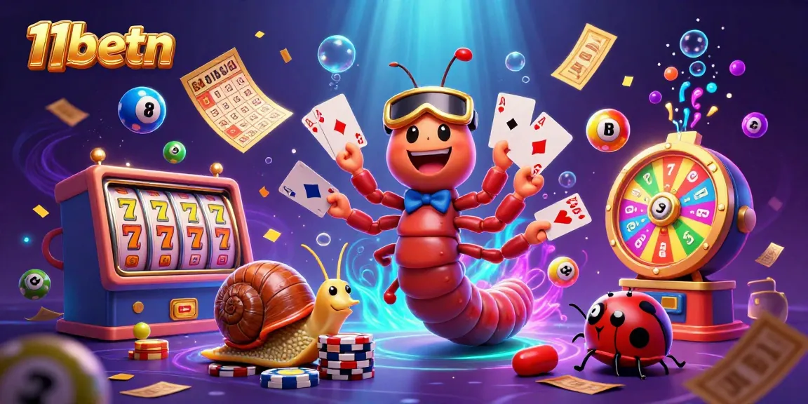 Engage with 11betn as a cartoon millipede dealer showcases cards, surrounded by vibrant casino elements.