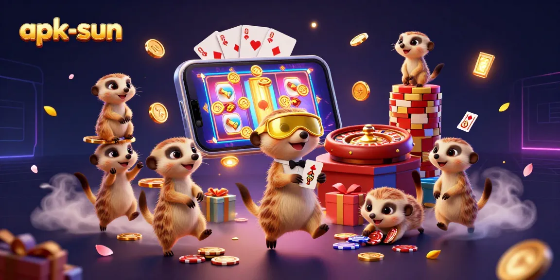 Engage with apk-sun's vibrant casino world where meerkats operate colorful slot games and chip tower schemes.